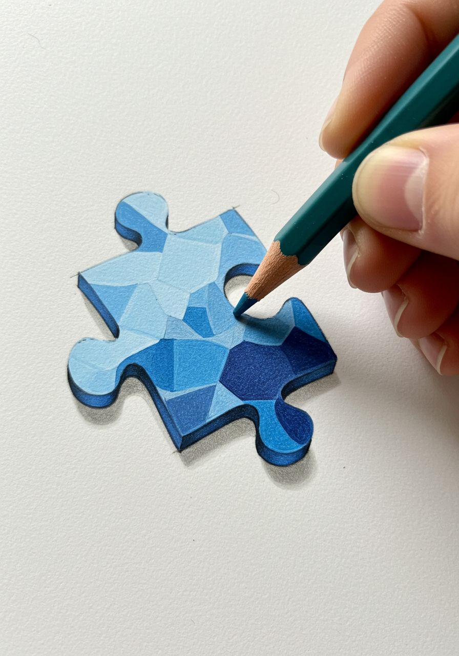 Hand coloring blue puzzle piece with green pencil